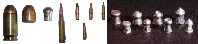Формы пуль: слева – двухрадиусные пули (пистолетный патрон 9×18 (ПМ) с пулей со стальным сердечником и биметаллической пулей); в центре – оживальной формы пули (патрон 5,45×39 и различные модификации пуль); справа – пули для пнематического оружия